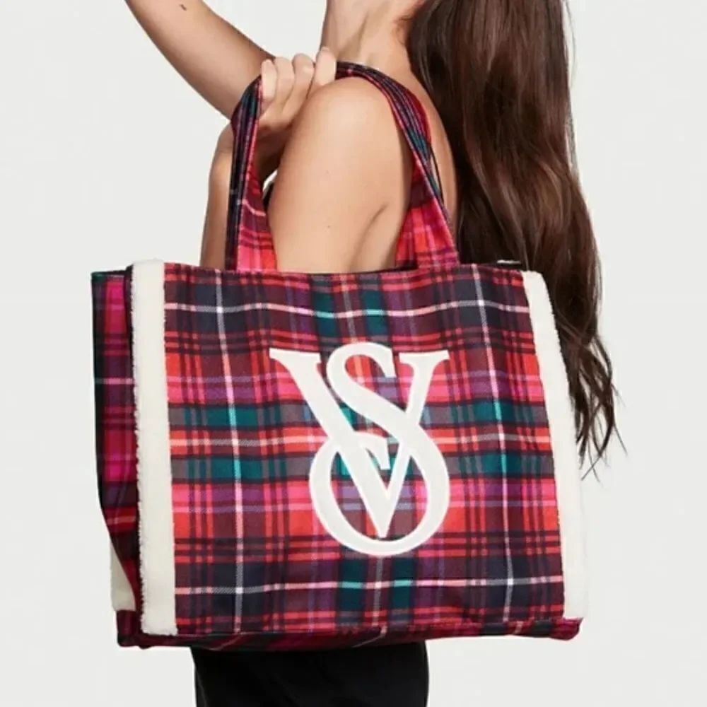 Victoria’s Secret Red Green Plaid Shearling Trim Holiday Winter Travel Tote Bag